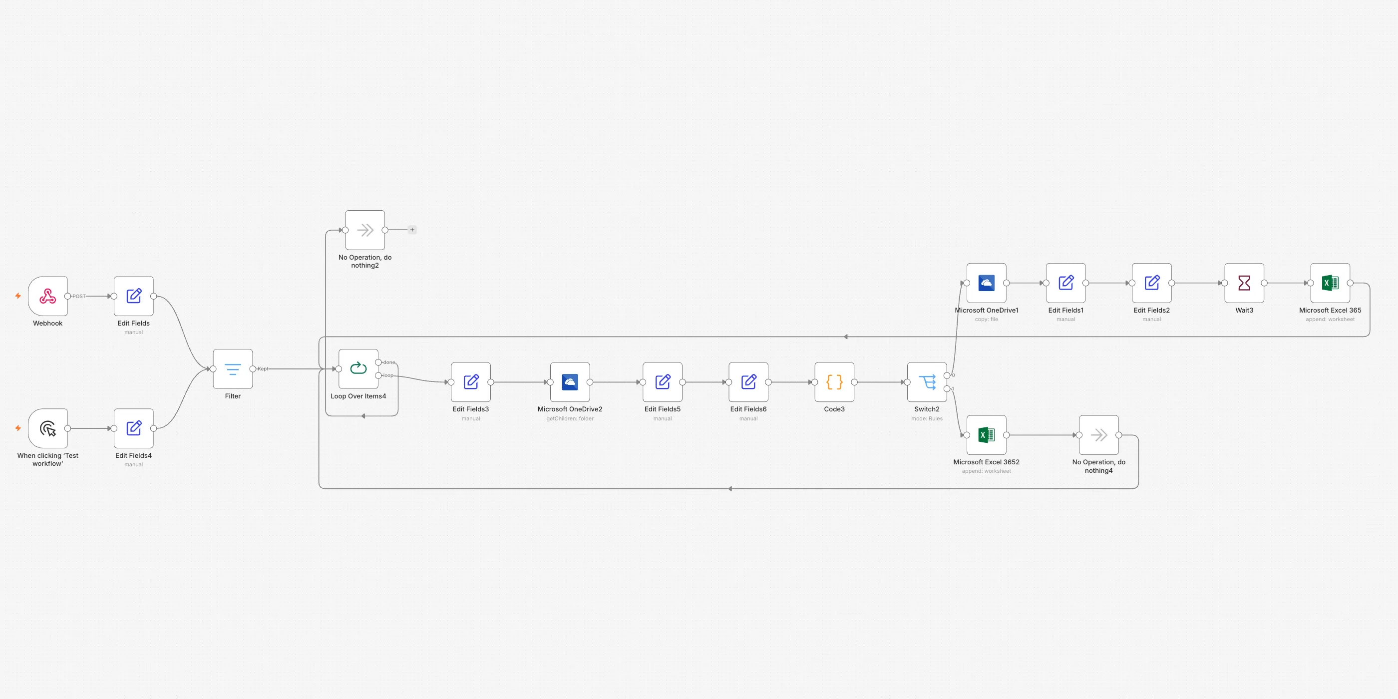 The Invoices filed into the right spreadsheet workflow on the n8n canvas